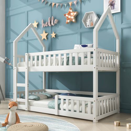 Bunk Bed, Twin Sleeper Bed With Ladder, Solid Wood Frame 3FT Single Bed